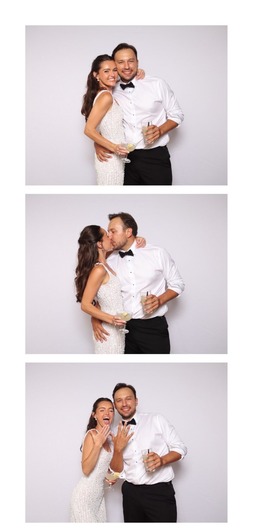 A couple in a three-frame photo strip, kissing in the middle frame.