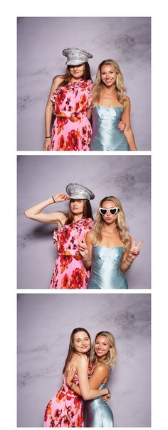 Two friends, one in a sequin captain hat, in a three-frame photo strip.